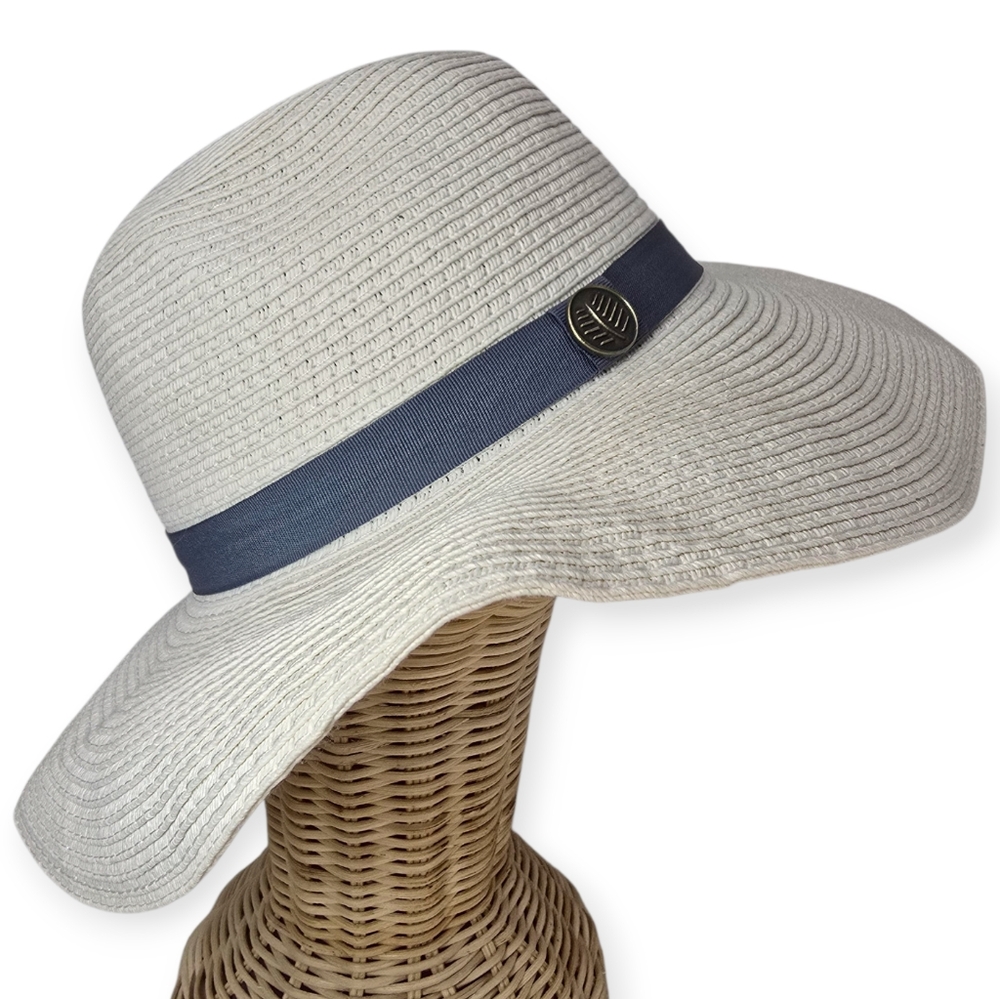 CUBAVERA‎ White Straw Hat Women's Wide Brim Navy Band & Leaf Detail Resort Retro